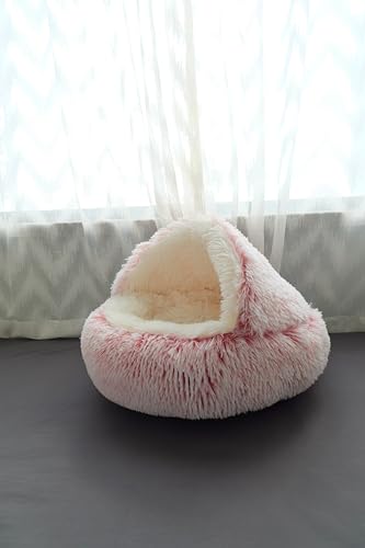 Calming Dog Bed & Cat Cave with Hooded Cover (25.6x 25.6inch / Pink)