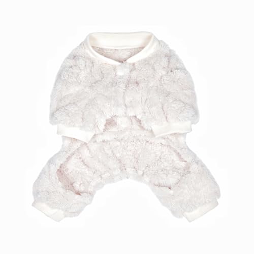 Plush Dog Pajamas for Cold Weather 4 Legged Clothes for Dog Cat Stretchy Puppy Kitten Onesie with Buttons Warm Soft Pet Jumpsuit Winter Coat White Small (Small / White)