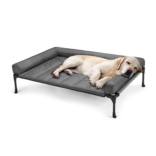 Outdoor Elevated Dog Bed with Waterproof Bolster Cushion (Black Silver / 42.0"L x 30.0"W x 7.0"Th)