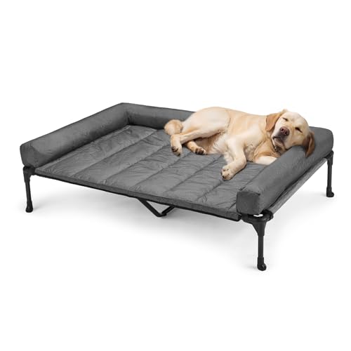 Outdoor Elevated Dog Bed with Waterproof Bolster Cushion (Black Silver / 49.0"L x 33.0"W x 9.0"Th)