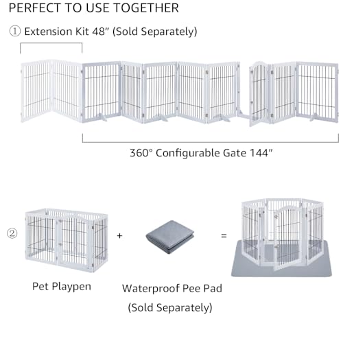 144" Extra Wide Dog Gate and Pet Playpen with Walk Through Door (White / 144"W×31.5"H)