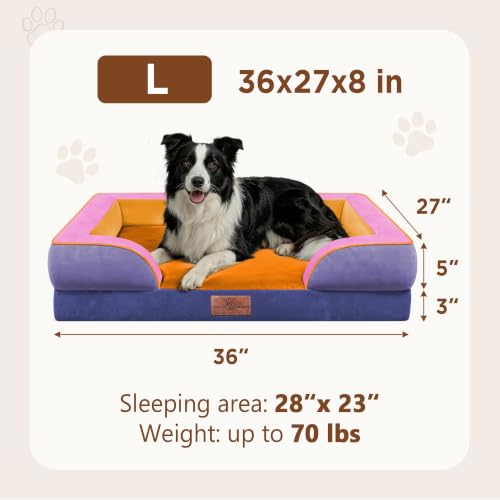 Orthopedic Dog Beds for Large Sized Dog with Bolster (36.0"L x 27.0"W x 8.0"Th / Orange Breeze)