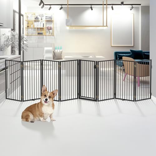 Metal Freestanding Dog Gates with Door for Outdoor Indoor (Black / 【8 Panels with Door】 32''H*160''W)