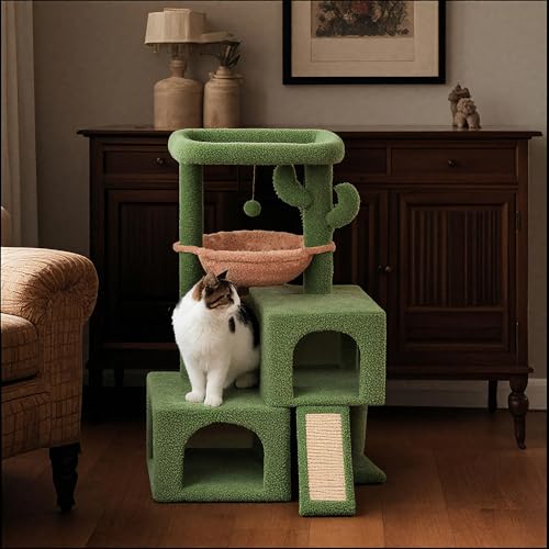 37.4" Cactus Cat Tree Tower with Twin Cat Condos for Indoor Cats (Green / 37.4'')