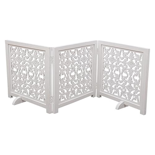 Freestanding Pet Gate for Dogs (White Antique / 54x22.5" 3 Panel Flower)