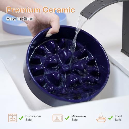 Ceramic Slow Feeder Dog Bowls for Medium Large Breed (Large-9.5 inches / Blue)