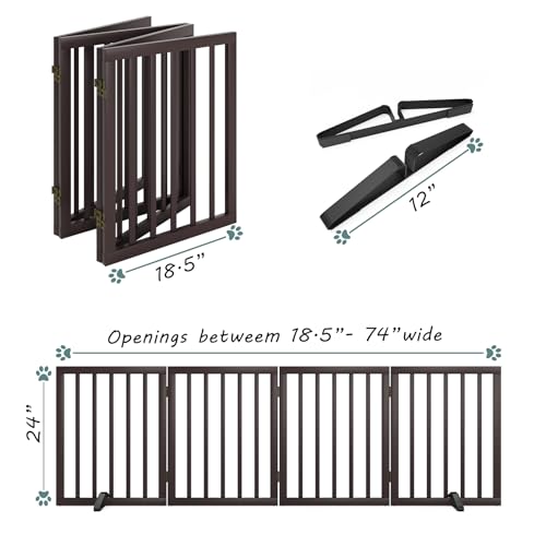 Wooden Dog Gate Freestanding Foldable 4 Panel Pet Gates Extra Wide Dog Gates for Indoor Doorways Stairs 24in Height Support Feet Included (Espresso / 4 Panel - 74 inches Wide)