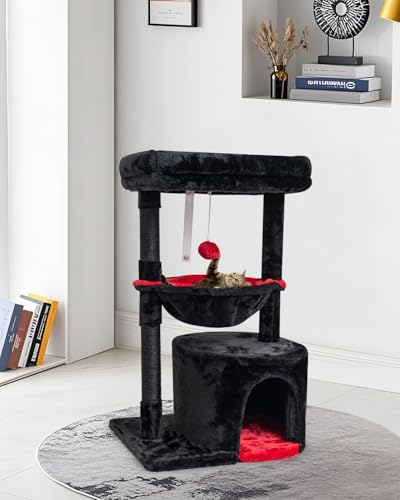 Gothic Cat Tree with Coffin Bed for Indoor Cats (29.6" / Black & Red)