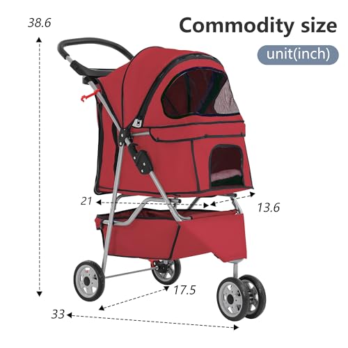 3 Wheel Foldable Pet Stroller (Red / 3 Wheels)