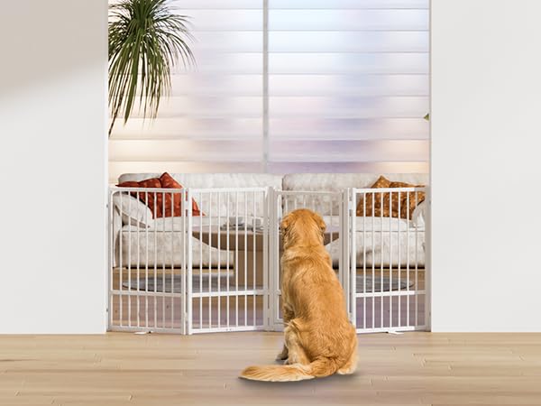 Full Metal Freestanding Dog Gate with Door (【4 Panels】80"W*32H" / White)