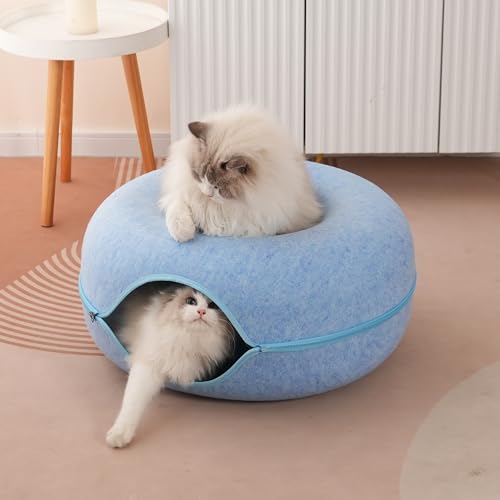 Large Cat Tunnel Bed for Indoor Cats with 3 Toys (L(24x24x11) / Blue)