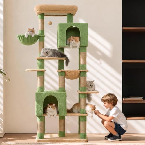 Cat Tree, 76-Inch Tall Heavy Duty Cat Tower for Big Cats HCT039GY (Green and Yellow / 76.8 inch)