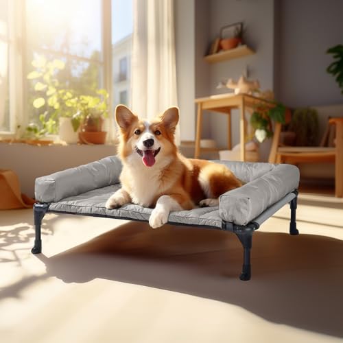 Outdoor Elevated Dog Bed with Waterproof Bolster Cushion (Light Grey / 32.0"L x 25.0"W x 7.0"Th)