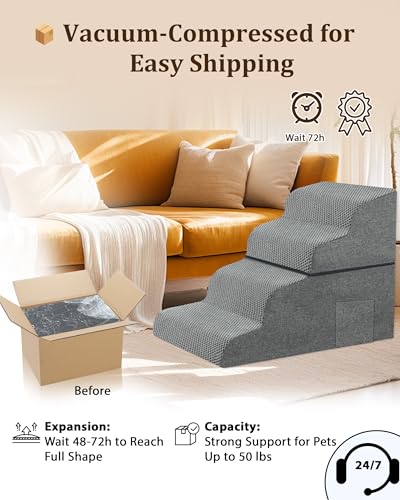 Dog Stairs for Bed (Grey / 4-Step 19"H)