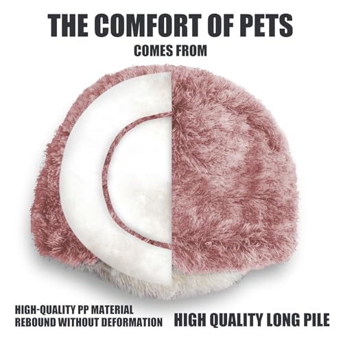 Cat Bed Round Plush Fluffy Hooded Cat Bed Cave (26.0"L x 26.0"W x 6.5"Th / pink)