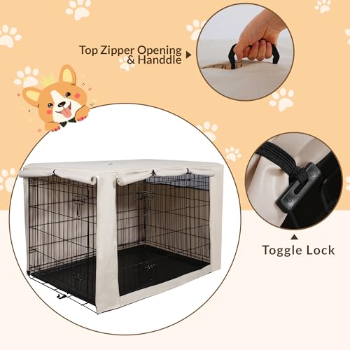 36 Inch Dog Crate Cover with Mesh (36.0"L x 23.0"W x 25.0"H / Beige)