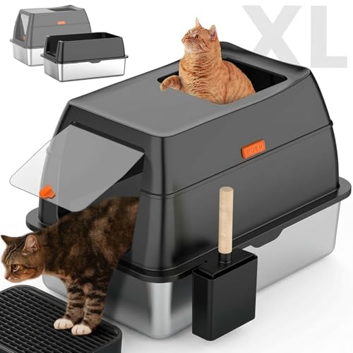Extra Large Stainless Steel Litter Box with Lid (Black)