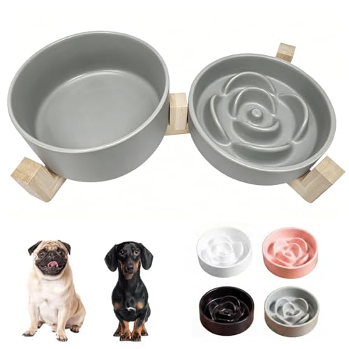 Ceramic Slow Feeder Dog Bowl Set (Gray)