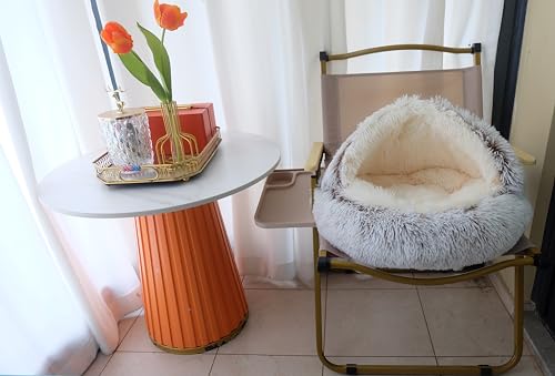 Calming Round Dog Bed & Cat Cave with Hooded Cover (20x20inch / Coffee)