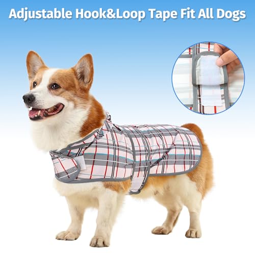Dog Raincoat Waterproof Dog Rain Jacket with Hood (Khaki Plaid / Large)