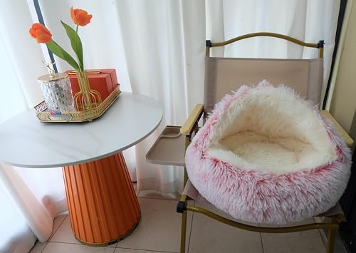 Calming Round Dog Bed & Cat Cave with Hooded Cover (20x20inch / Pink)