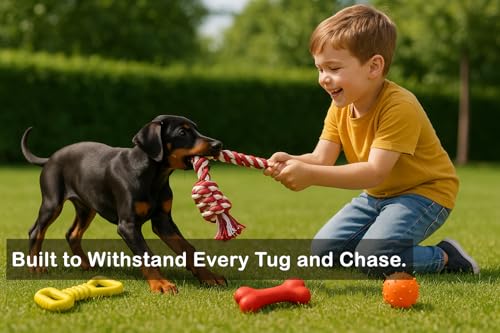 Chew Toy Natural Rubber chew Toy for Interactive Play Toy Ball Rope Rubber Value Set for Small to Medium Breed Dog mutt Puppy (Multicolour)