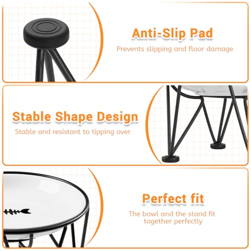 Elevated Ceramic Cat Bowls (anti-slip raised dish,2 pack / fishbone+cat paw)