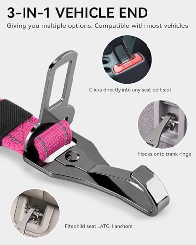 3-in-1 Bungee Dog Seat Belt for Car, Medium and Large Dogs, Hotpink (Hot Pink / (21.6-31.5) inch)