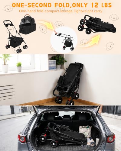Pet Stroller 3 in1 Foldable Dog Cat Stroller with Detachable Carrier (BLACK)