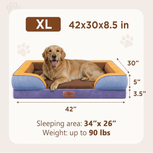 Orthopedic Dog Bed for Extra Large Dogs with Bolster (42.0"L x 30.0"W x 8.5"Th / Honey Lavender)