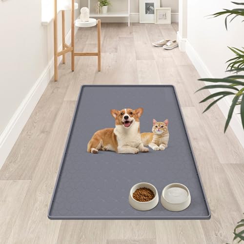 Dog Food Mat 34''x22'' Large Dog Mat for Food and Water (34"L x 22"W / Dark Grey-Rhombus)