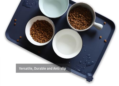 L Silicone Non Slip Pet Dog Cat Bowl Mats (22" x 14" / French Navy)