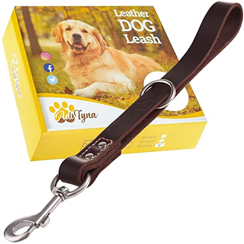 Short Leather Dog Leash 12" Length x 1" Wide (15" long x 1" width / Brown)