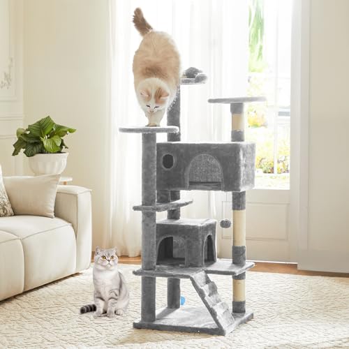 54 Inch Cat Tree Tower with Sisal Scratching Posts (Light Grey / 53.95"×20"×20")