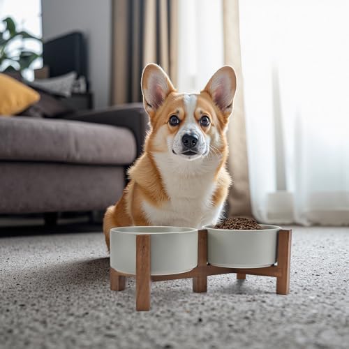 Ceramic Dog Bowls with Acacia Wood Stand (28.74 Oz / Gray)