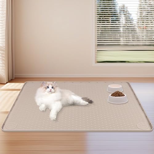 Dog Food Mat 40''x28'' Extra Large Dog Mat for Food and Water (40"L x 28"W / Khaki)