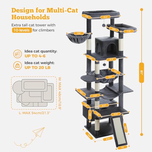 81" Heavy Duty Cat Tree for Large Cats (Dark Grey / 81in)