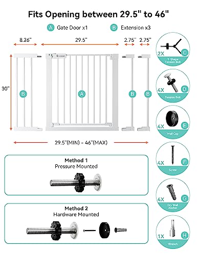 30" Tall Baby Gate for Stairs Doorways (30"Tall 46"Wide / White)