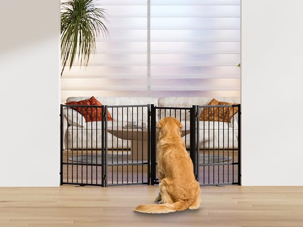 Full Metal Freestanding Dog Gate with Door (【4 Panels】80"W*32H" / Black)