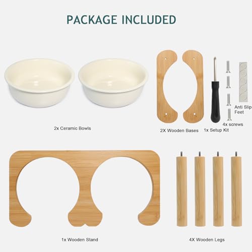 Elevated Ceramic Dog Bowl with Stand (Double Bowls+Stand (Cream White) / M-28OZ)
