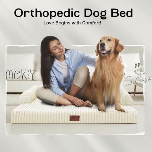 Orthopedic XL Dog Bed with Bolster for Extra Large Size Dogs (42.0"L x 30.0"W x 8.0"Th / Beige White Stripe)