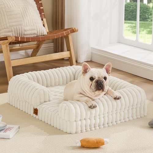 Faux Fur Orthopedic Dog Bolster Bed (Rectangular Cream / M(30*24*7))
