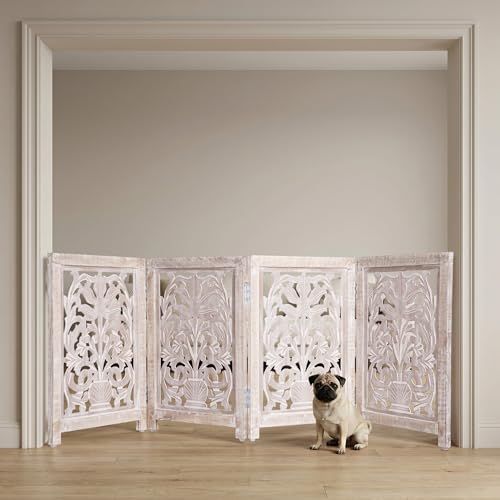 Lightnpro 4 Panel Carved Wooden Dog Gate with Stopper (White Wash / 24x72 - Milo)