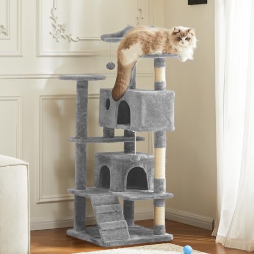 54 Inch Cat Tree Tower with Natural Sisal Scratching Post (Light Grey / 53.95IN)