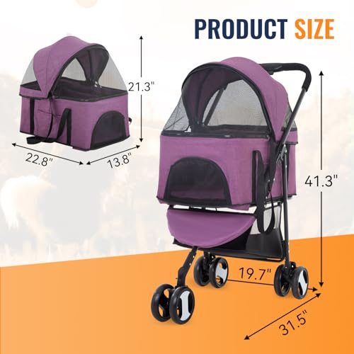 3 Wheels Pet Stroller 3 in 1 Multi (Purple / 3 Wheels)