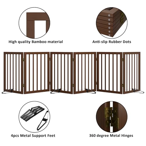 Wooden Dog Gate Freestanding Foldable 6 Panel Pet Gates Extra Wide Dog Gates for Indoor Doorways Stairs 24in Height Support Feet Included (Dark Brown / 6 Panel - 110 inches Wide)
