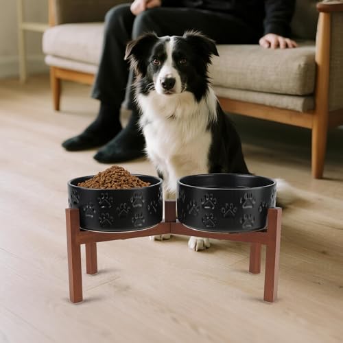 Ceramic Elevated Dog Bowl Set with Acacia Wood Stand for Food and Water for Medium Dogs (42.27 Oz / Dog Paw Black)
