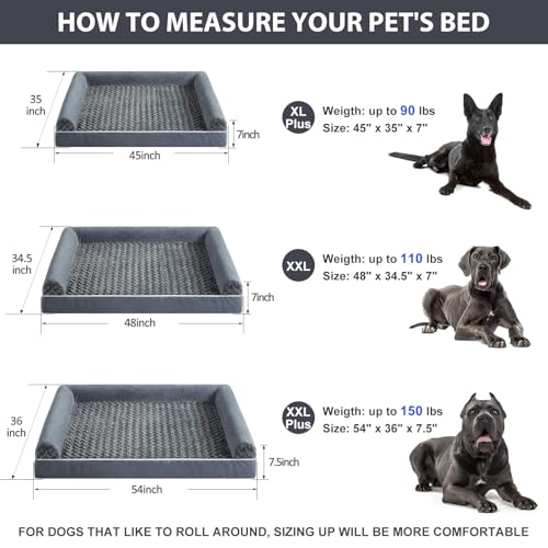 Orthopedic Washable XXL Dog Bed for Senior Dog Cozy Sleep (48"l x 35"w x 7"th / Dark Grey)