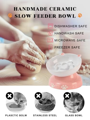 Ceramic Slow Feeder Cat Bowl (Pink)