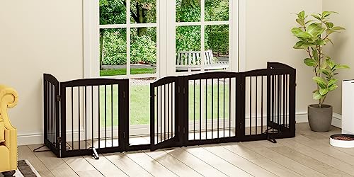 Freestanding Pet Gates with Walk Through Door (6 Panel 24" / Dark Brown)